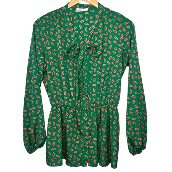 Free Day Tops - Vintage Berry Print Emerald Green Orange Brown Button Blouse with Bow Size M
